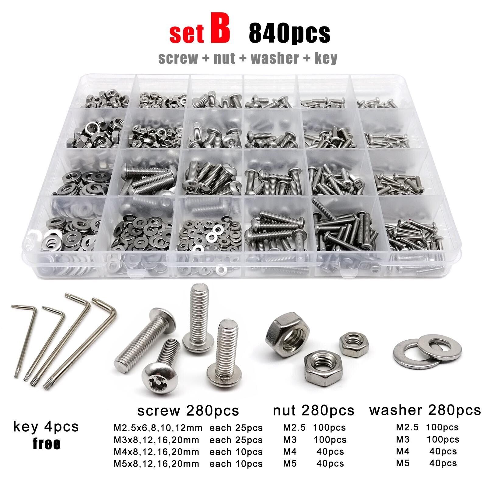 270-840pc SS304 Torx Security Screw Bolt Kit with Button Head & Column Pin Keys