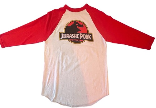 Vintage ‘Jurassic Pork’ MNS Hog Roast Red & White 3/4 Sleeves Tshirt, XS/S - Picture 2 of 8