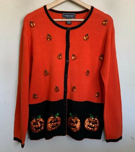 Terazzo Womens Halloween Cardigan Orange Black Sequin Pumpkins Buttons Size M - Picture 1 of 7