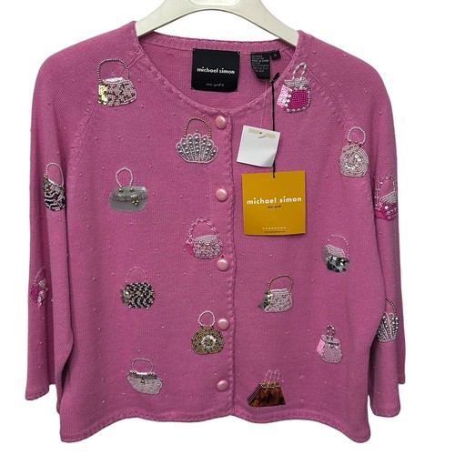 Michael Simon Vintage Rosa Perlen Handtasche Pullover Strickjacke Gr. XL Neu Mit Etikett
