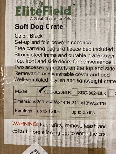 EliteField 3-Door Folding Soft Dog Crate W/ Carring Bag 20"L x 14"W x 14"H NIB - Picture 5 of 5
