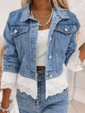 Schicke Damen-Jeansjacke, Spitzenbesatz - Sexy Langarm, Klappentaschen, Sommer