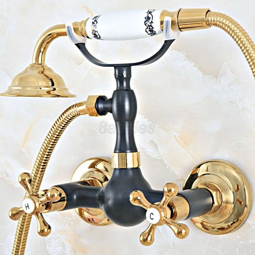 Black Gold Wall-Mount Bathroom Shower Faucet Mixer Tap W/ Hand Shower Head - Picture 4 of 7