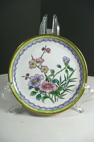 Antique Cloisonné Footed Plate Enamel Bronze Green Lavender Cherry Blossom - Picture 10 of 12