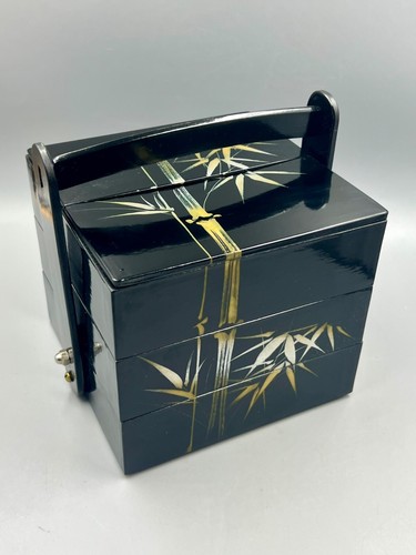 NEW 1960's Vintage Japanese Lacquerware 3-Tier Black Jubako Bento Lunch Box WOW