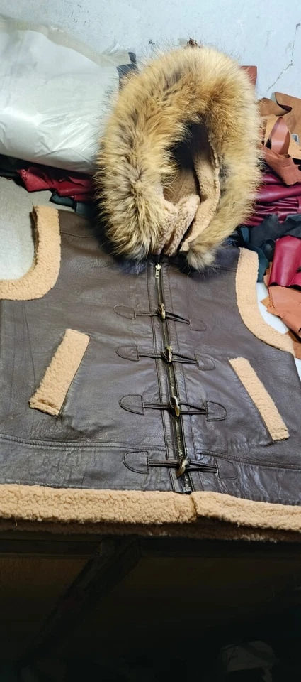RAF B3 Real Shearling Real Leather Bomber Vest Removable Hood with Raccoon Fur - Image 3 of 4