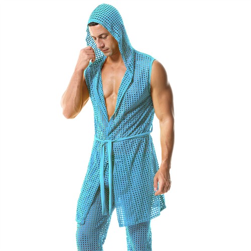 Mens Fishnet Kimono Robes Sleepwear Hollow Out Hooded Pajamas Bathrobe With Belt - Picture 59 of 86