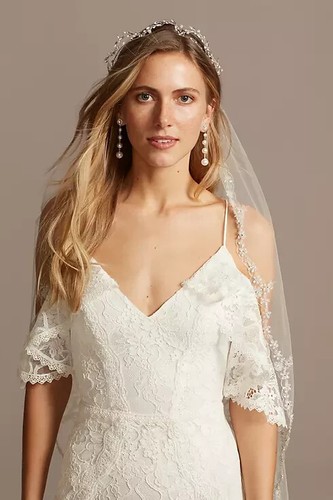 🤍 GALINA Off-White Lace V-Neck Cold Shoulder Sheath Bridal Wedding Gown 14 US - Picture 11 of 18