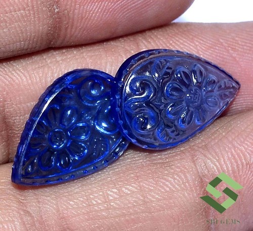 Blue Sapphire Color Nano Handmade Carving Pair 20x13 mm 22.61 CTS Loose Gems - Picture 5 of 8