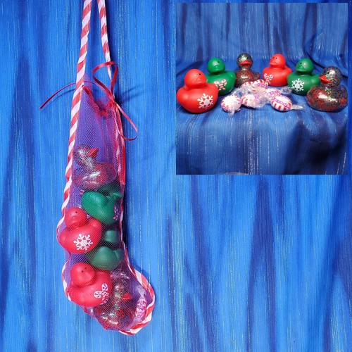 Christmas Stocking Mini Fun Flock Red & Green Snowflakes Rubber Ducks Candy NEW - Picture 1 of 5