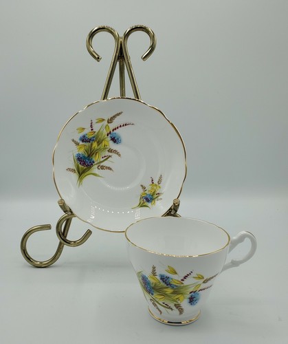 Royal Ascot Teetasse Untertasse Weizen blau lila Blume Goldrand Jakobsmuschel Fuß - Bild 1 von 12
