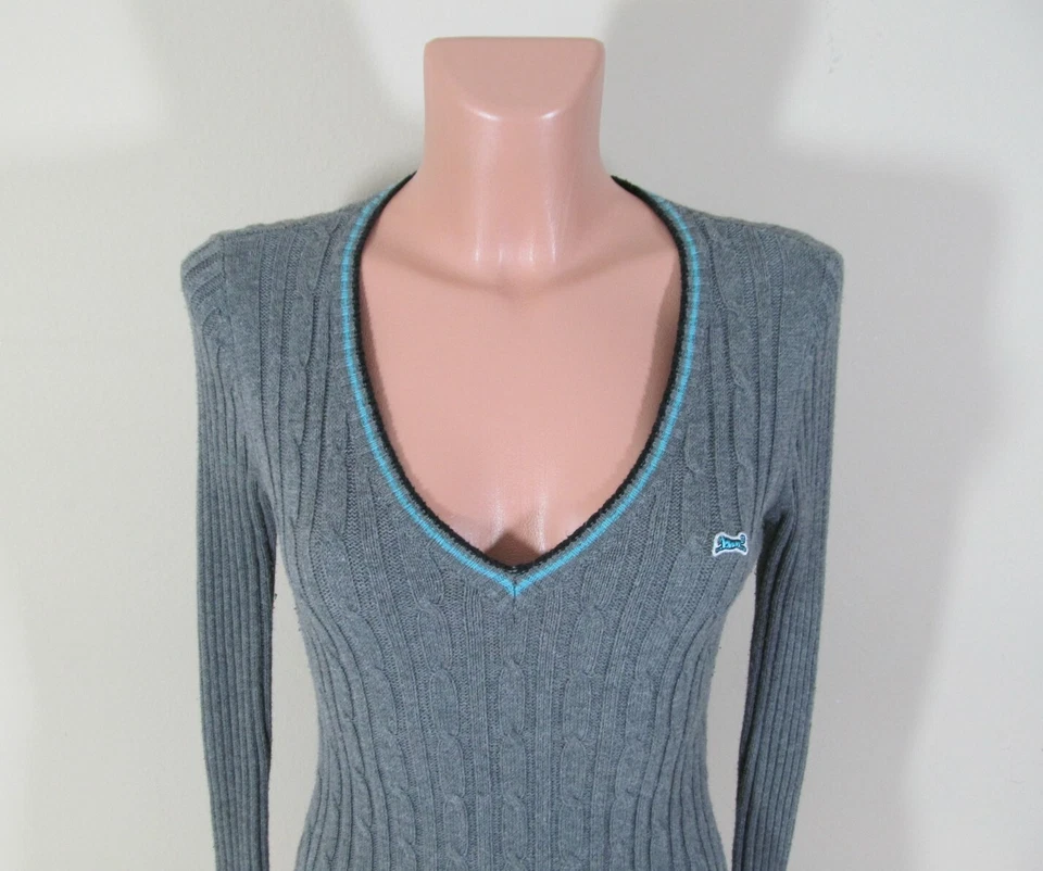 L码女式LE TIGRE 100%纯棉L/S电缆针织灰色套衫毛衣V领 — 第 2/4 张图片