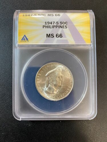 1947 S MACARTHUR PHILIPPINES 50 CENTAVOS ANACS MS-66 - UNCIRCULATED - SLAB - 50C