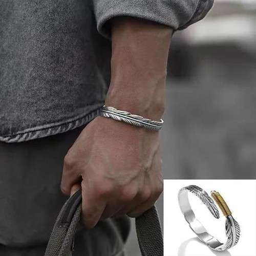 Women Men Retro Vintage 925 Sterling Gold Silver Feather Cuff Bangle Bracelet - Picture 16 of 17