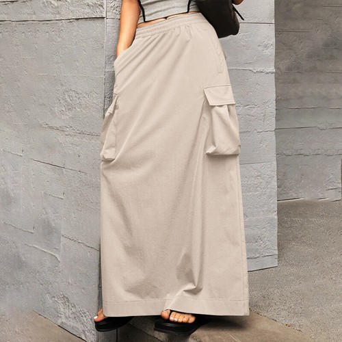 UK Womens Elastic Waist Side Pocket Cargo Skirt Casual Loose Skirts Long Dress - Photo 8 sur 13