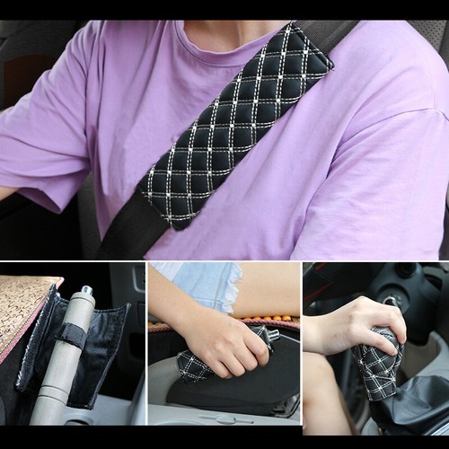 5Pc PU Leather Car Mirror Cover Car Seat Belt Covers Handbrake Cover Handle Case - Picture 3 of 13
