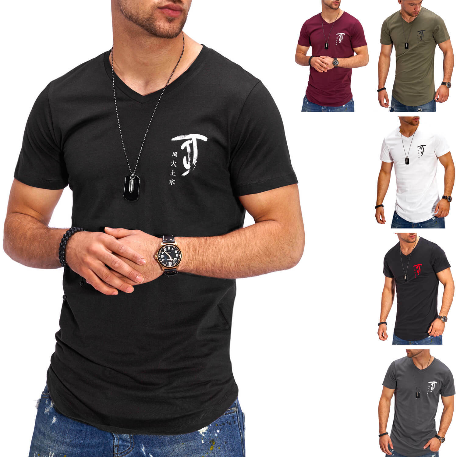 Jack & Jones Herren T-Shirt V-Neck Print Shirt Kurzarmshirt Longtop Casual