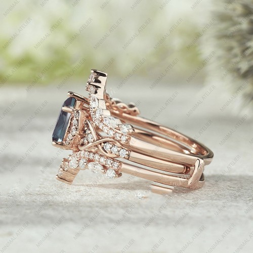 925 Silver Yellow Gold Plated Pear Cut Alexandrite & CZ Twisted Curve Ring Set - Picture 5 of 8
