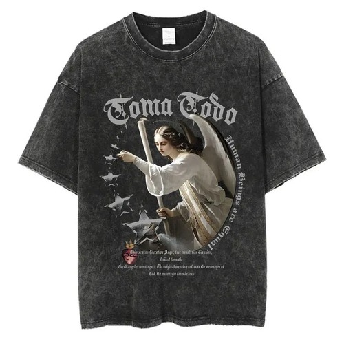 Men’s Washed Streetwear Graphic T-Shirt – Harajuku Hip Hop Cotton Tee Loose Fit - Picture 5 of 9