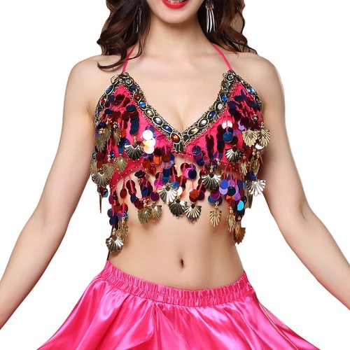 Belly Dance Costume Bra Top+Belt Hip Scarf+Satin Split Skirt Halloween Outfit - Picture 28 of 52
