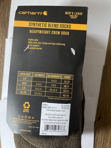 2 Pair Carhartt Heavyweight Synthetic Blend Crew Socks Size Large - Picture 3 of 4