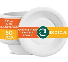 ECO SOUL Pearl White Round 350 ml(12oz) Bagasse Disposable Bowls 50 Pack