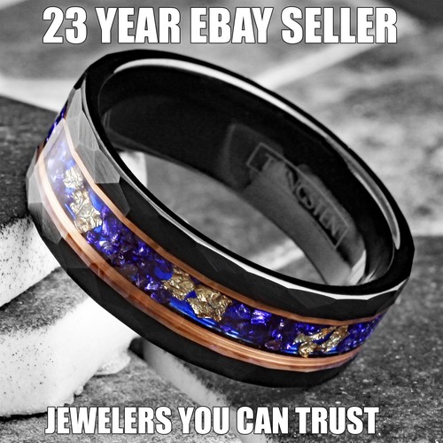 Black Tungsten Carbide Ring Blue Opal with 24K Gold Foil Leaf Wedding Band - Picture 2 of 9