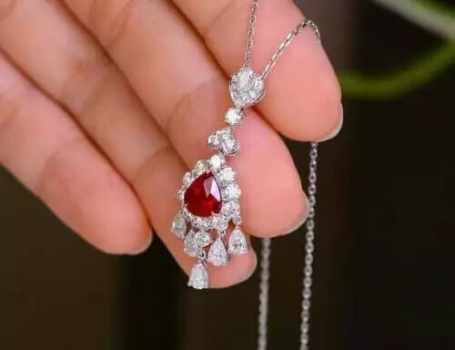 3Ct Pear Cut Ruby & Diamonds Teardrop Pendant 14K White Gold Finish Free Chain - Picture 3 of 5