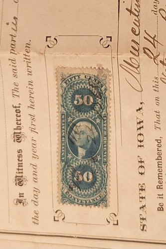 Antique Vtg 1869 Muscatine Iowa Land Deed George Washington Stamp Seal Document - Picture 7 of 7