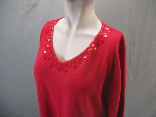 Quacker Factory Size L Womens Red 100% Cotton 3/4 Sleeve Sequined Sweater 860 - Picture 4 of 10