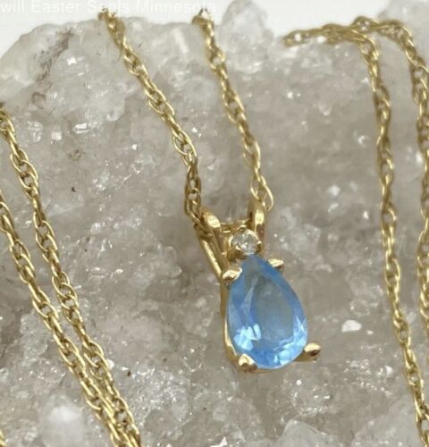 14K Gelbgold Anhänger Blautopas & weißer Saphir an einer 14k 20" Halskette 1,51g