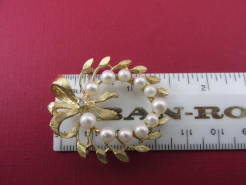 Vintage 14k Solid Yellow Gold Diamond And Pearl Brooch Intricate Detail - Picture 4 of 10