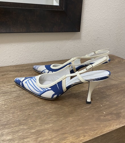 DOLCE & GABBANA WHITE BLUE FABRIC SLINGBACK PUMPS EU Sz 37 US Sz 7 MADE N ITALY - Picture 3 of 10