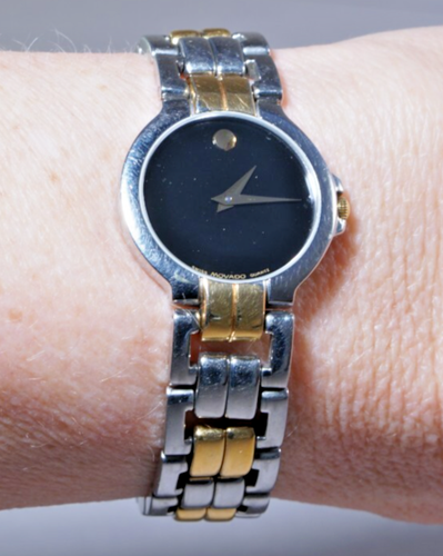 MOVADO 81 A1 844 Wrist Watch, Silver & Gold Bracelet, Black Dial - New Battery - Picture 11 of 12