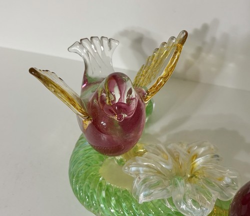 Archimede Seguso Murano Kunst Glas Liebesvögel Skulptur auf Ast mit Blume 50er Jahre - Bild 5 von 7