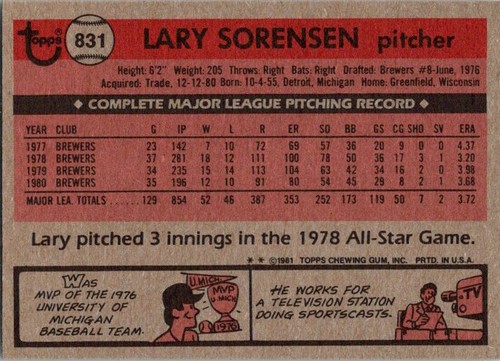 Lary Sorensen 1981 Topps Traded #831 St. Louis Cardinals - Picture 2 of 2