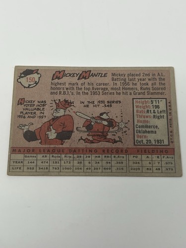 Topps 1958 Mickey Mantle #150 New York Yankees Baseballkarte zentriert! - Bild 8 von 8