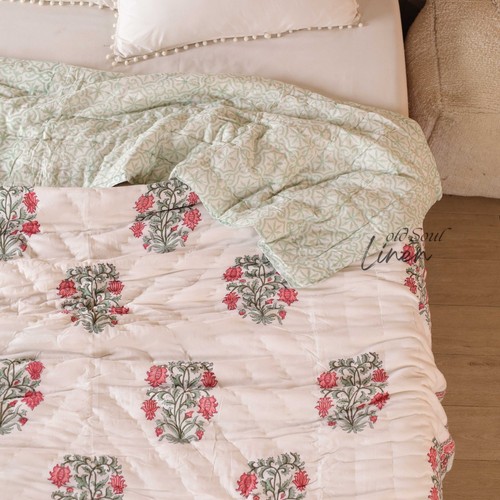 Reversible Block Print Quilt Red Mughal Floral Cotton Bedspread Twin Queen King - Picture 10 of 10