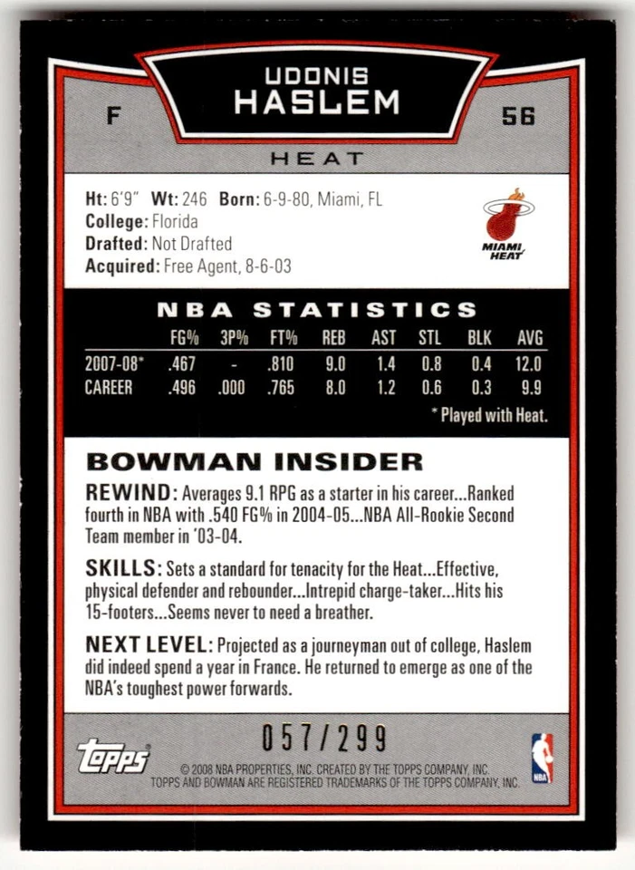 2008-09 Bowman Udonis Haslem Orange #/299 #56 - Image 2 of 2