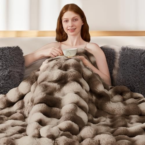 Luxury 1000GSM Faux Rabbit Fur Throw Blanket, Throw-50"x60" Tie-dye Brown - Picture 7 of 8