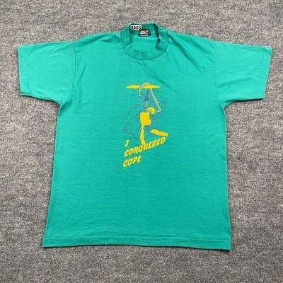 Vintage 90s I Conquered Cope Rock Climbing Shirt Large 22x28 Turquoise Blue