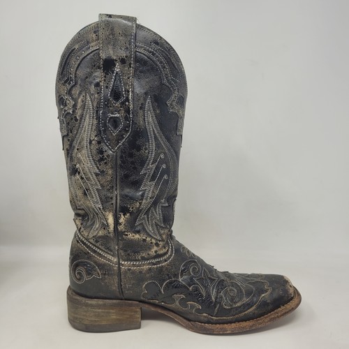 Corral Boots 7.5 Black Leather Snake Inlay Western Cowboy Embroidered Distressed - Picture 11 of 16