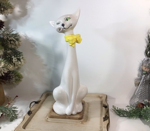 "Estatuilla decantadora vintage MCM CUELLO LARGO GATO BLANCO ~ ojos verdes ~ arco amarillo ~ 13,5""" - Imagen 21 de 21
