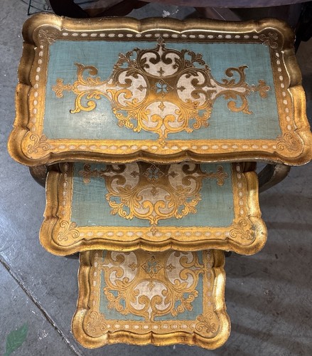 3 Pc Set Florentine Nesting Tables Turquoise Gold Wood Hollywood Regency Italy - Picture 3 of 17
