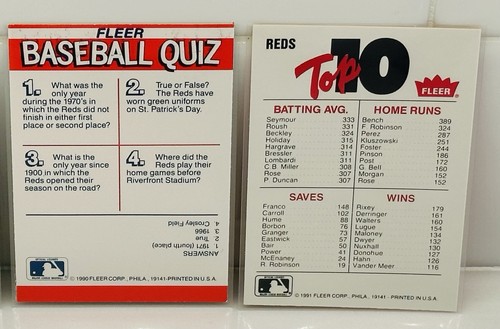 Lote de 2 pegatinas de tarjetas de béisbol Fleer 1990 y 1991 de los Rojos de Cincinnati - Imagen 2 de 2