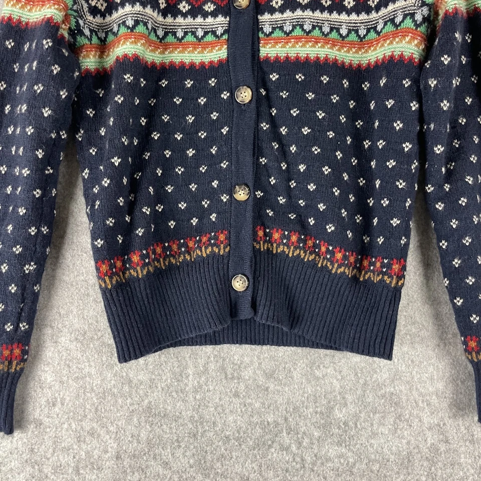 Cardigã suéter feminino J Crew Crewcuts Fair Isle XL lã de cordeiro cerejas coloridas - Imagem 3 de 4