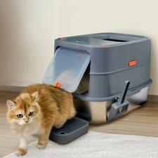 XXL Stainless Steel Cat Litter Box w/ Lid Enclosed Removable Litter Tray Big Pan