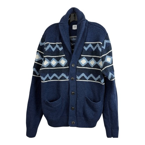 GAP Herren Strickjacke Pullover Gr. XL Geo Schalkragen echt blau schwerer Strick