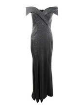 Xscape Women's Off-The-Shoulder Glitter Gown (4, Black/Silver)
