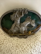 1984 Siskiyou American Indian Tribute Belt Buckle, Tinted Blue Resin on Pewter